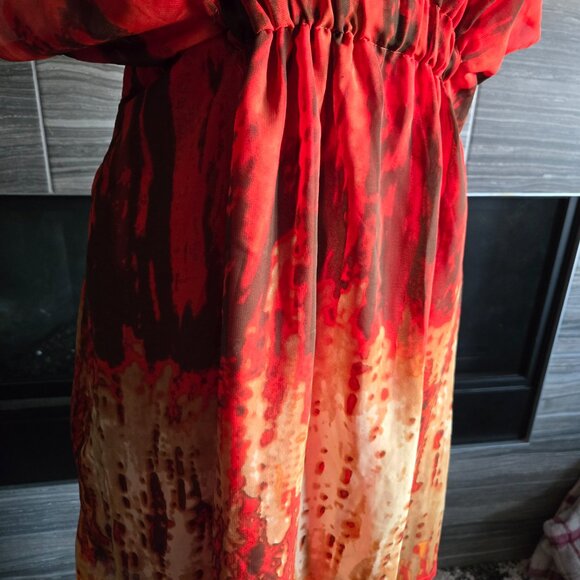 Jolie Size 12 Red Orange Abstract Print Elastic Waist Flutter Sleeve Dress - Picture 2 of 3